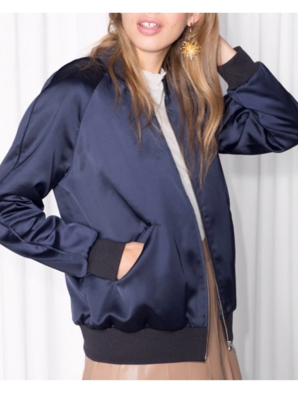 & Other Stories Dark Navy Satin padded Bomber Jacket